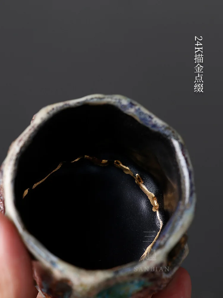 Three Hand Crafted Shikino Yaki Master Cup, Japanese Style Gilded Opening Tea Tasting Ceramic Kung Fu Cup