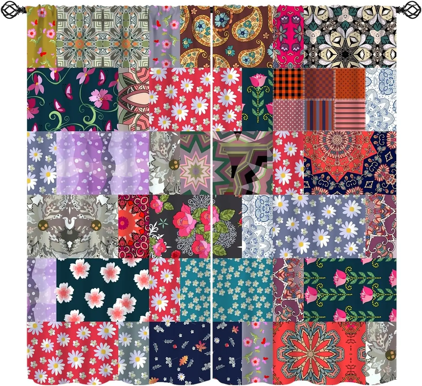 Colorful Floral Collage Blackout Curtain Daisy Mandala Geometric Cloth Drape For Kids Room Nursery Bohemian Style Window Decor