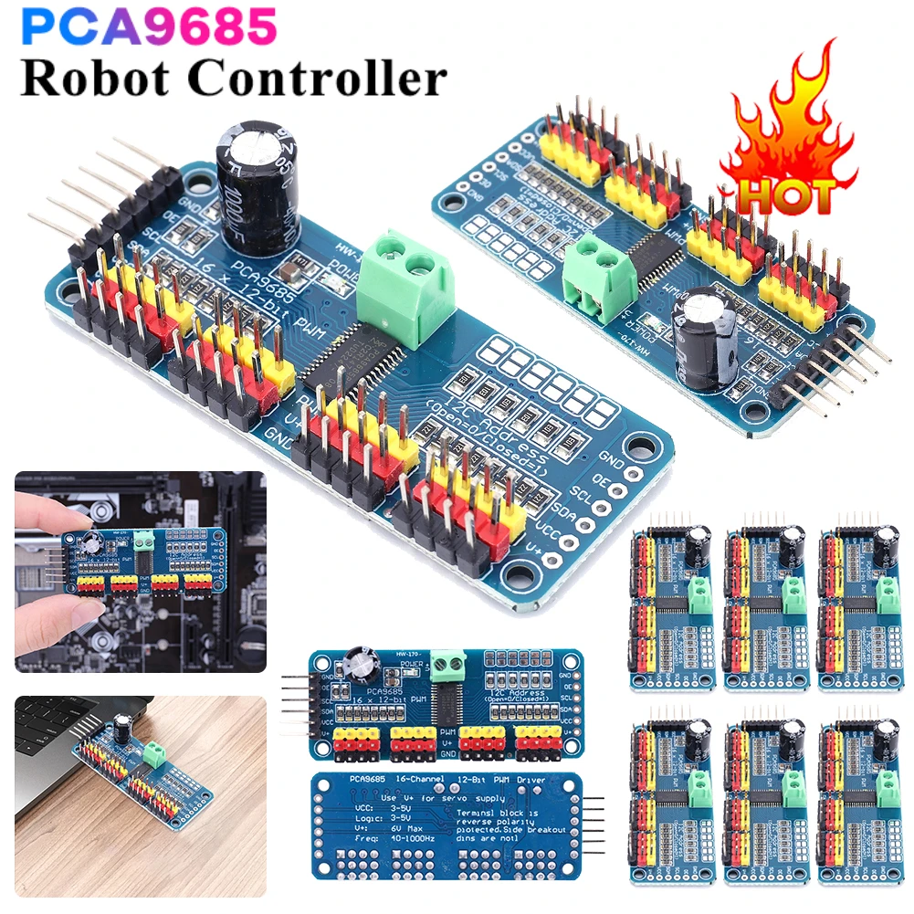 

IIC 16-Channel PCA9685 PWM Servo Driver Cascadable 12-Bit PWM (Servo/LED Driver) for Arduino/Raspberry Pi Robot Accessories