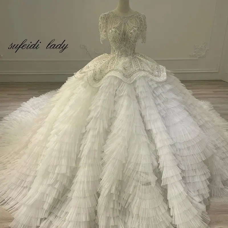 Elegant O-Neck Half Sleeve Bride A-Line Wedding Dress Luxury Appliques Beading Lace Up Customized Wedding Gown