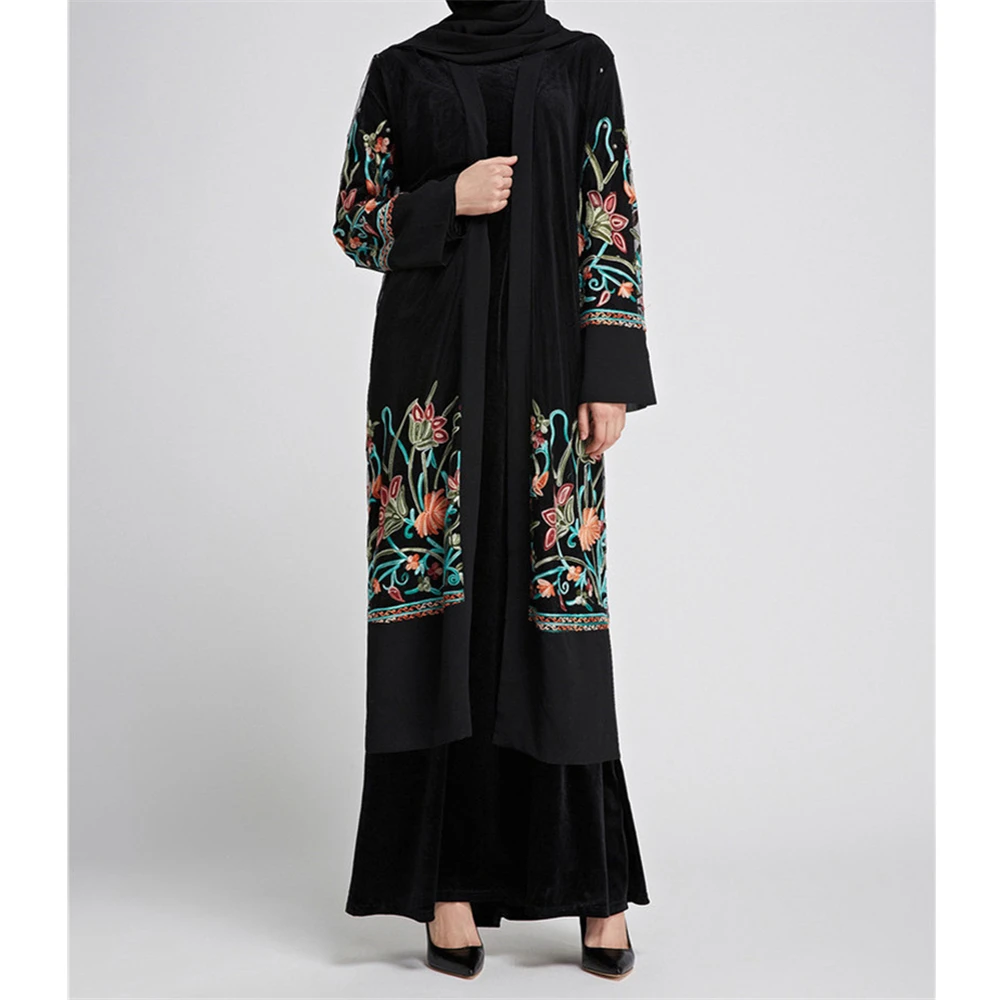 

Black Emboridery Open Abaya Dubai Muslim Women Evening Party Dress Cardigan Belted Kimono Kaftan Turkey Islamic Clothing Vestido