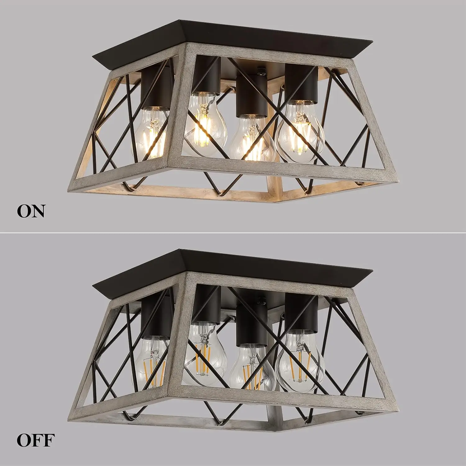 Q & S lampu langit-langit rumah pertanian Oak Semi Flush Mount Vintage 4-Light Square Rustic Island fitting lampu untuk lorong pintu masuk