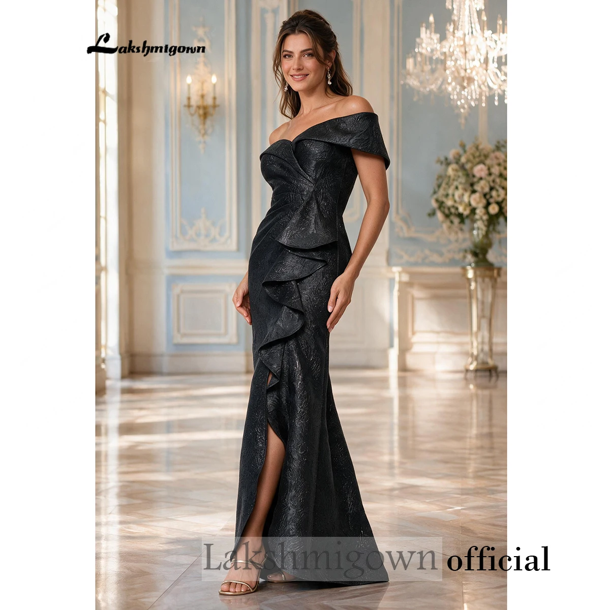 Lakshmigown Schwarzes schulterfreies Meerjungfrauen-Abendkleid mit Rüschen und Schlitz, formelles Kleid für die Brautmutter oder Hochzeitsgäste, maßgeschneidert – Detail 6