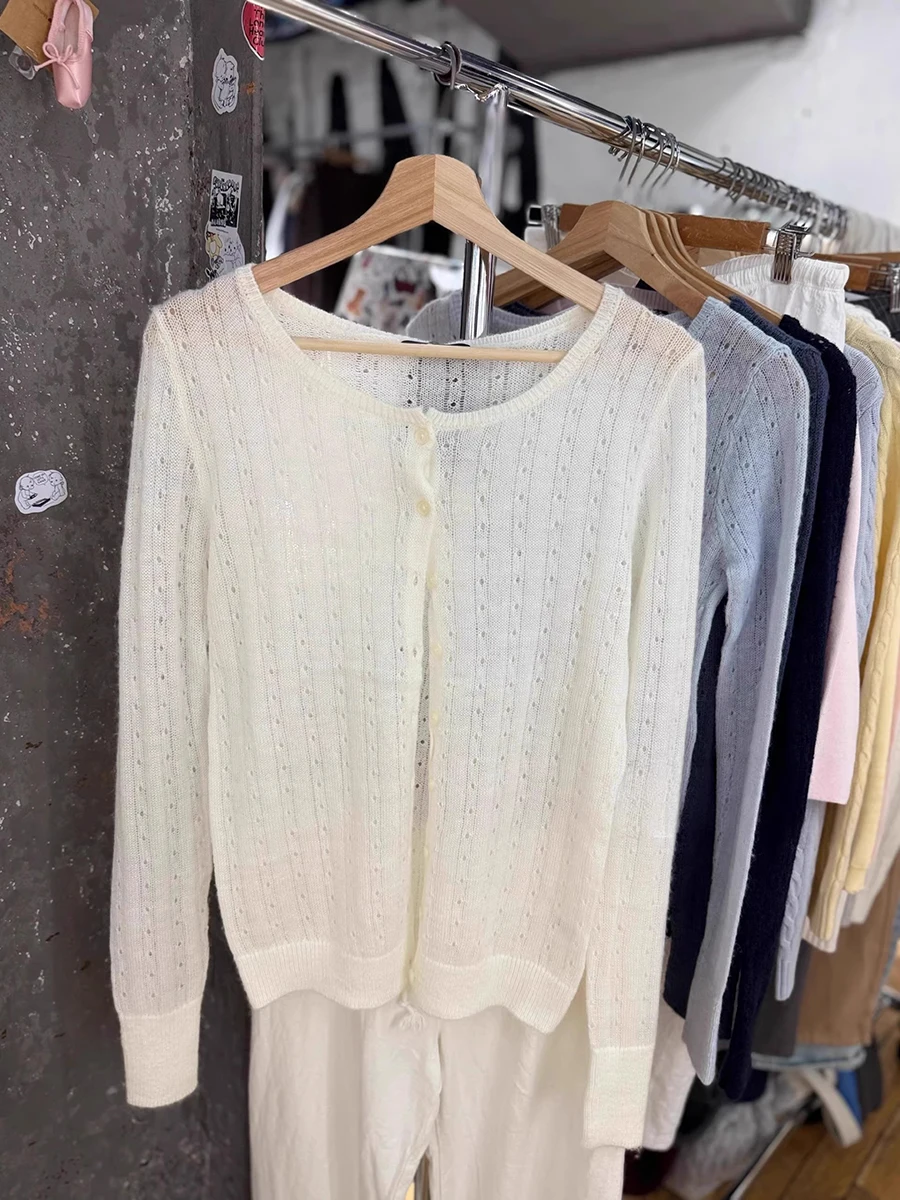 Light Blue Eyelet Thin Cardigan T-shirt Women Autumn New Scoop Neck Single Breasted Tees Sweet Casual Knitted Long Sleeve Tops view 6
