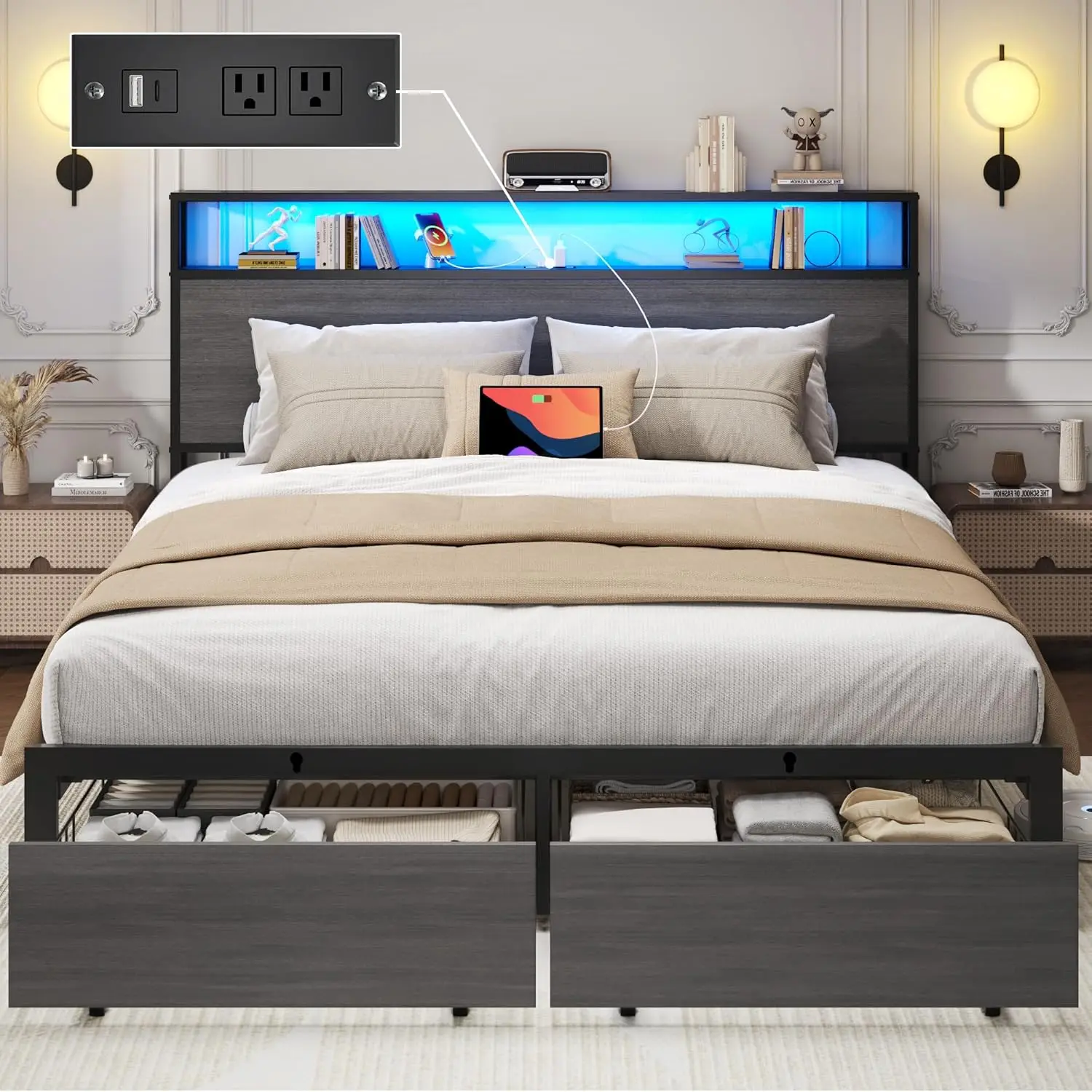 Queen Bed Frame Storage Headboard Metal 2 Drawers Charging Station LED Noise-Free No Box Spring Easy Assembly Grey, Customized