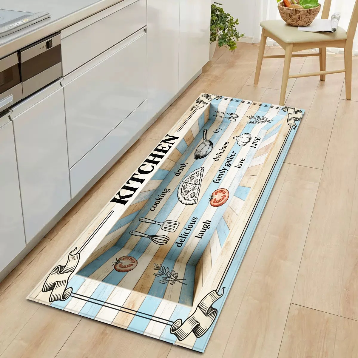 VIKAMA Aesthetic 3D Groove Visual Kitchen Sketch Floor Mat Durable Thin Waterproof Long Carpet Kitchen Home Decor
