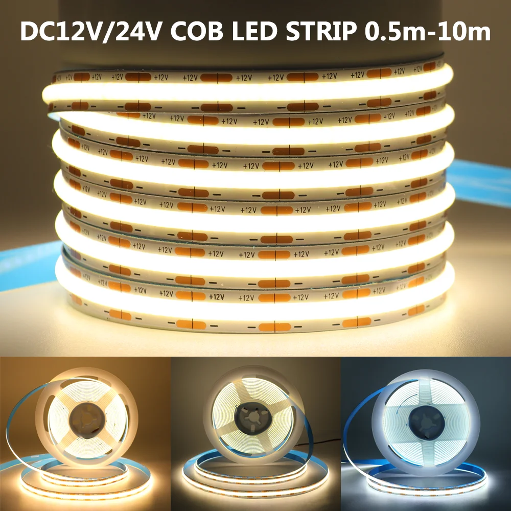 

12V 24V FOB COB LED Strip Light 480 528LEDs/m 8mm PCB Flexible High Bright LED Tape for Room Decor Lighting 3000K 4000K 6000K