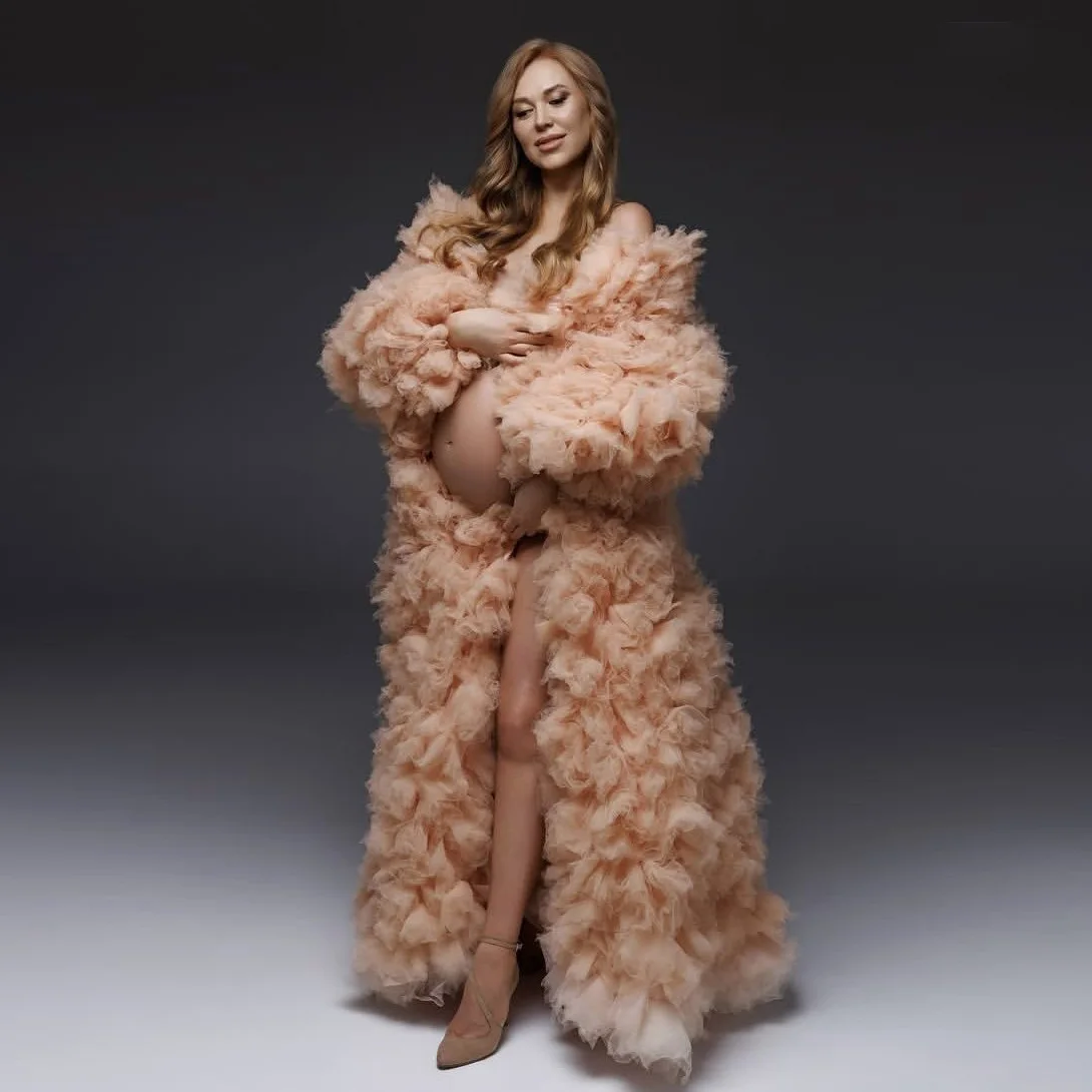 

Fluffy Maternity Robe Full Sleeves Wardrobe Women Jackets Ruffled Blouse Pregnancy Women Robe Layered Tierred