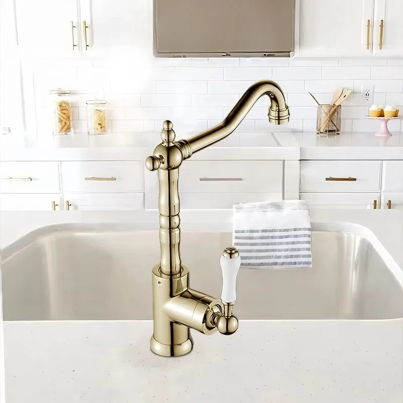 Brass French Retro Kitchen Faucet European Classical Gold Faucet Kitchen Sink Vegetable Basin Creative Cold and Hot Water XR0185