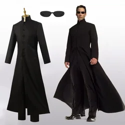 Movie The Matrix Neo Trinity Cosplay Unisex Jumpsuit have glasses Morpheus Black Trench Sunglasses Uniform Party Masquerade