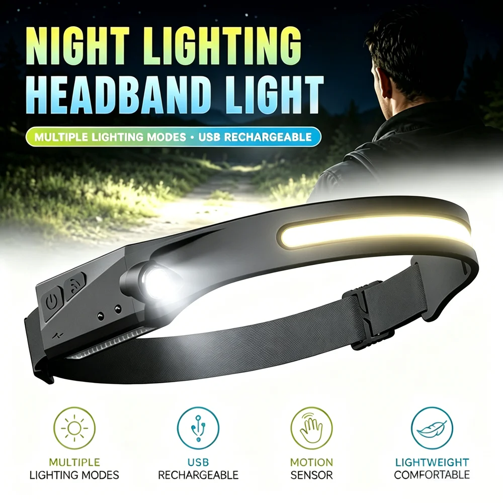 230° Induction LED COB Headlamp USB Rechargeable Lamp with Builtin Battery 5 Lighting Modes Light for Outdoor Fishing Camping