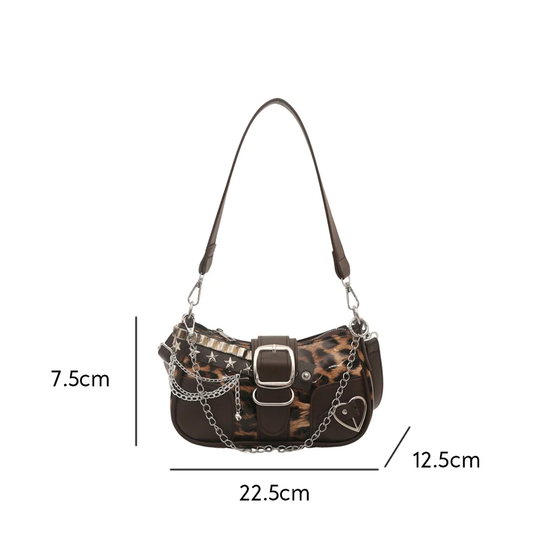 Y2k Mädchen-Umhängetasche mit Nieten und Leopardenmuster, Handtasche im Motorrad-Stil mit Metallnieten und Gürtelschnalle, Damen-Umhängetasche – Detail 1