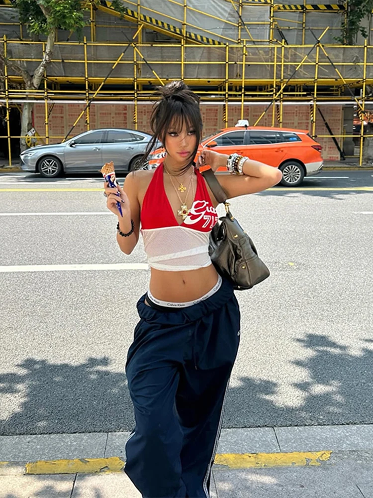 Style américain Sexy col en v profond haut à licou couleur contrastée épissage haut court à la mode polyvalent été gilet 2025 nouveau