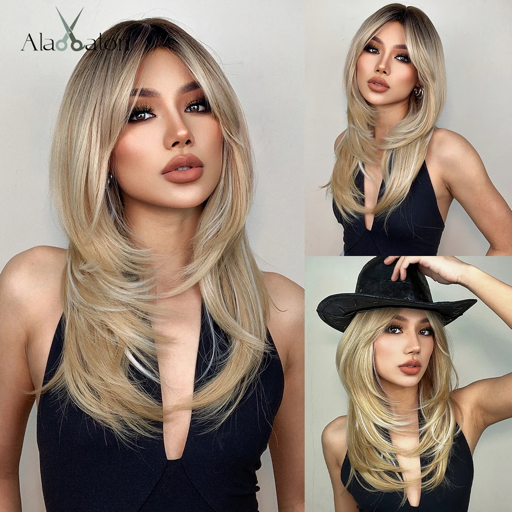 ALAN EATON Ombre Blonde Long Natural Layered Wigs for Women Synthetic Highlight Blonde Wig with Bangs Daily Party Heat Resistant