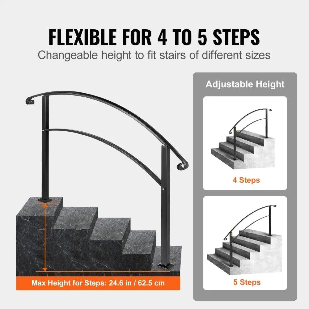 Adjustable Wrought Iron for outdoor Stair Handrail for 1-5 Steps, Flexible Black Railing for concrete & Wood Stairs