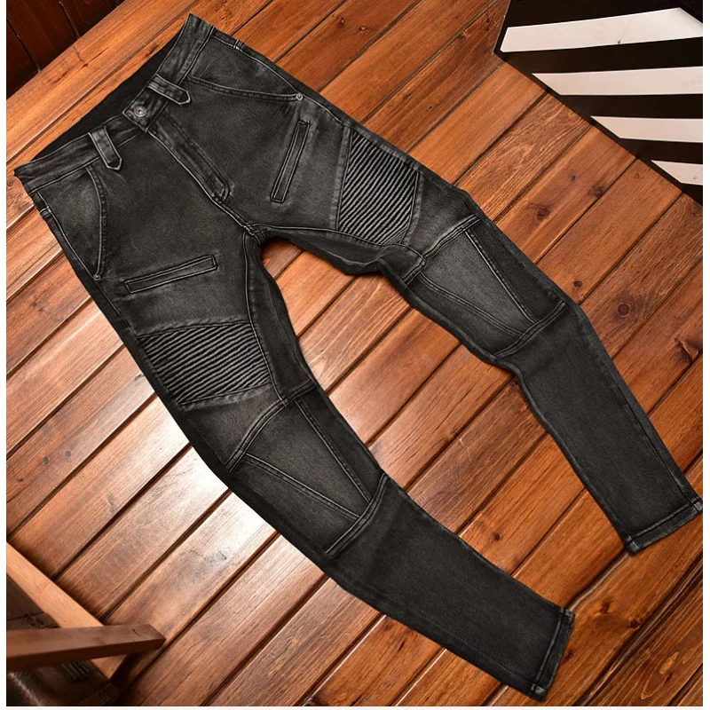 Motorcycle Jeans Black and Gray for Men 2024 Fashion Rock Skinny Pants Personality Stitching Vintage Men's Skinny Trousers