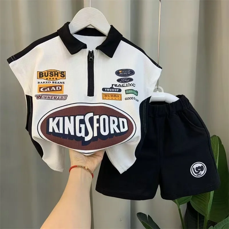 Half Zipper Summer Sport Clothing Cotton Letter Pullover Shirt And Black Shorts 2PCS Baby Boys Clothes Fashion Casual Kids Set