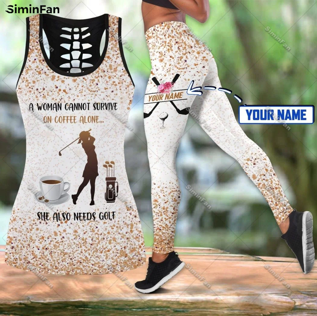 

Love Coffee Golf Custom Name 3D Printed Women Hollow Tank Top Legging Combo Outfit Female Summer Vest Lady Fitness Yoga Shirts