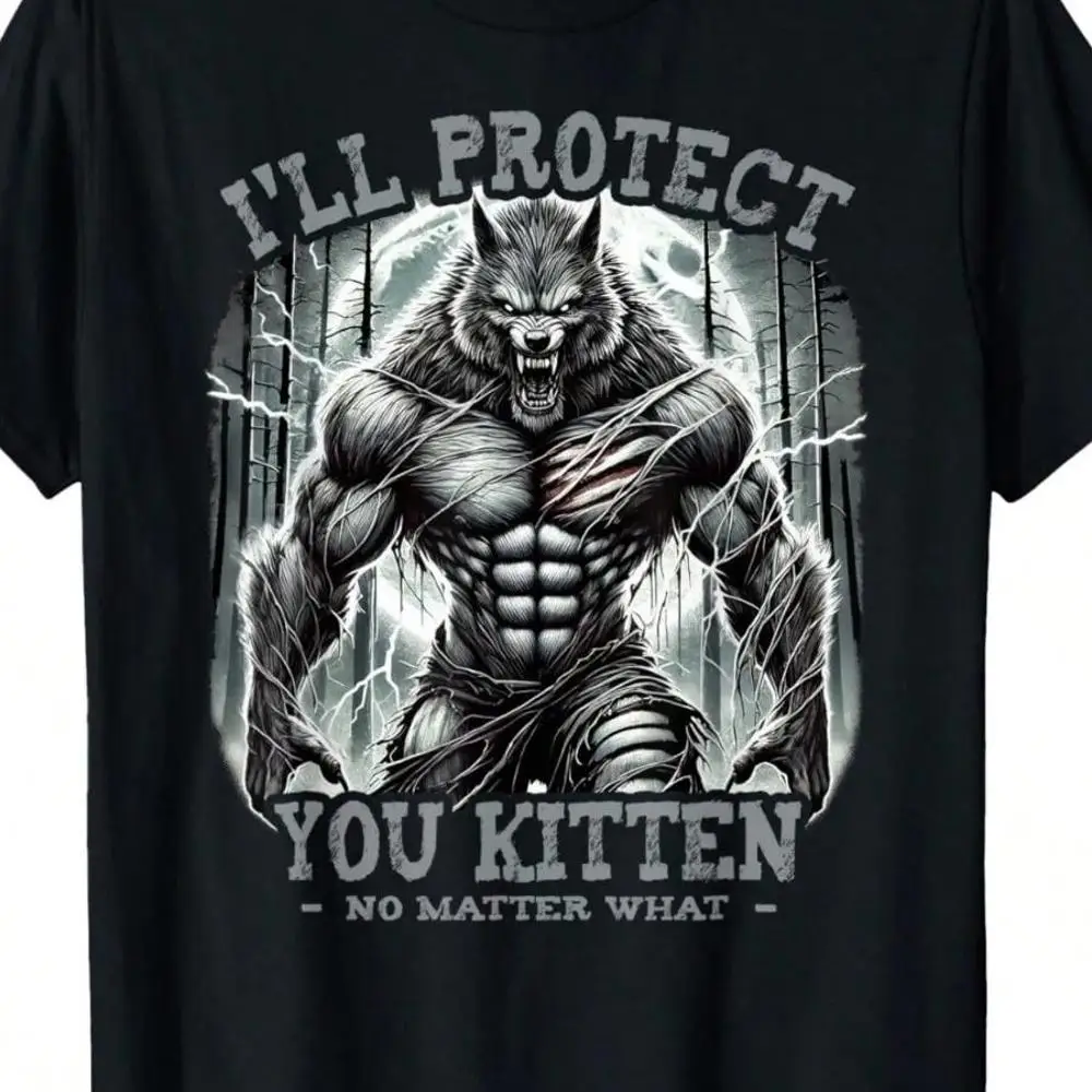 180GSM Pure Cotton Printed T-Shirt Highlighting Funny Graphic I Will Protect You Kitten Alpha Wolf Theme Crafted With Knitted Craft Comfortable D