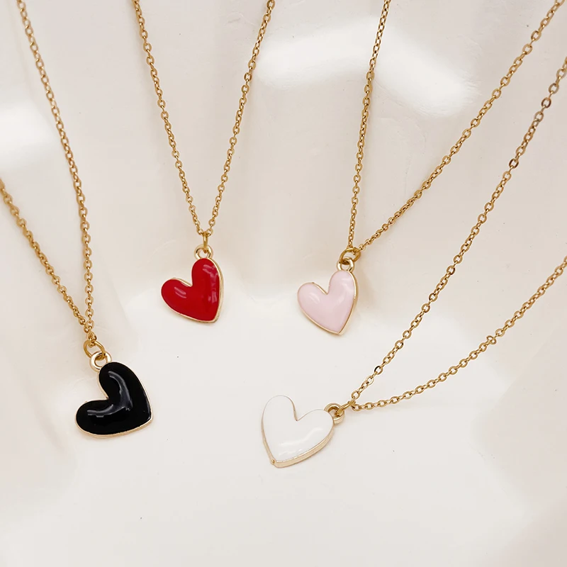 Stainless Steel Chain Heart Pendant Necklace For Women Girls Hotsale Cute Red Blue Pink White Heart Necklace For Birthday Gifts