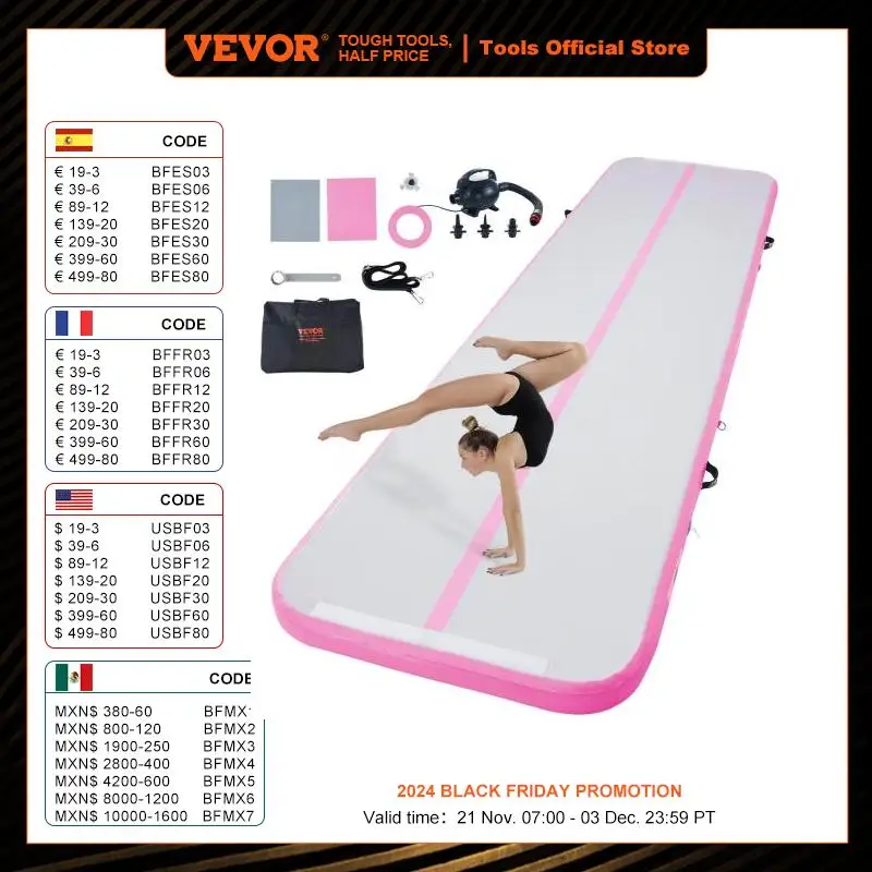 VEVOR Gymnastics Air Mat 4 in Tumble Track with Electric Pump Training Mats for Home Use/Gym/Yoga/Cheerleading/Beach 13 ft Pink