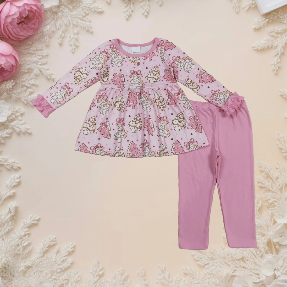 

Baby Girl 2Pcs Outfit Long Ruffle Sleeve Pink Bows Xmas Trees Print Tunic Leggings Set Toddler Kids Holiday Party Fashion Gift