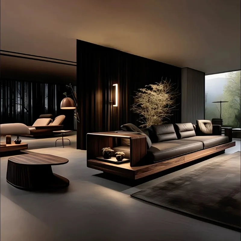 Modern light luxury high-end leather art straight row sofa medium and ancient style
