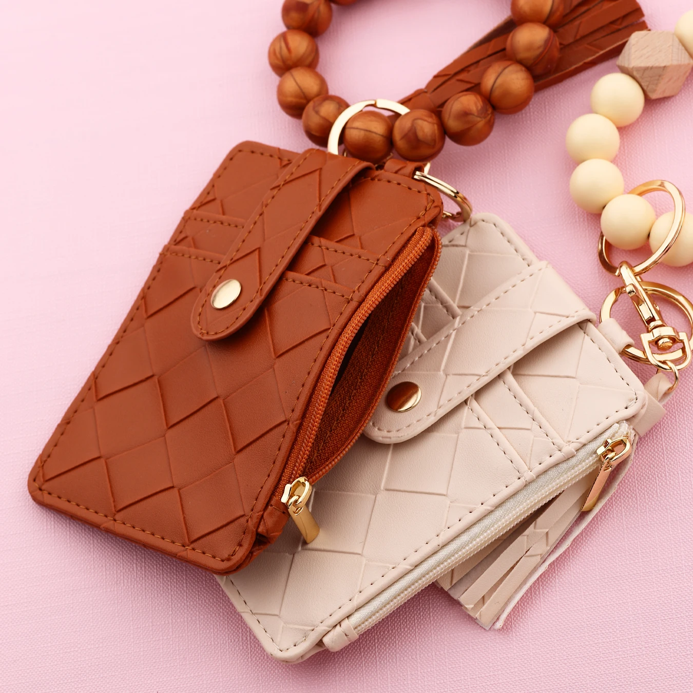 2025 New Arrival PU Leather ID Credit Card Holder Wallet with Wristlet Bangle Silicone Bead Tassel Card Holder Leather Keychain