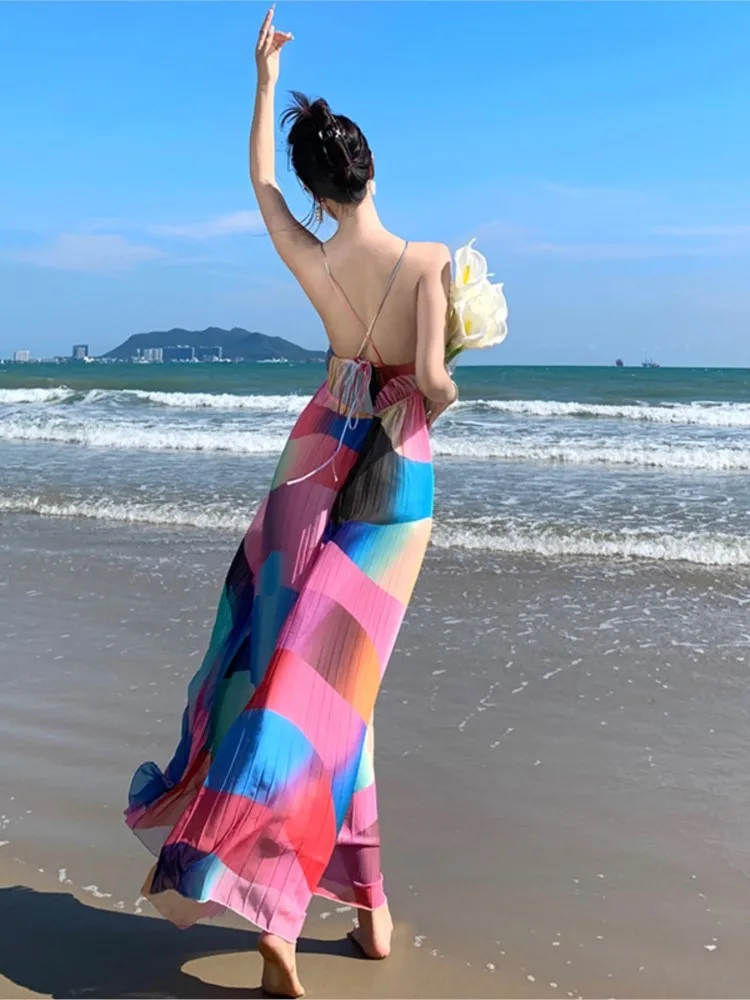 Elegant Summer Rainbow Wave Stripe Slip Women Dress V-Neck Backless Beach Style Holiday Long Dress Pleated Bandage Lady Clothing