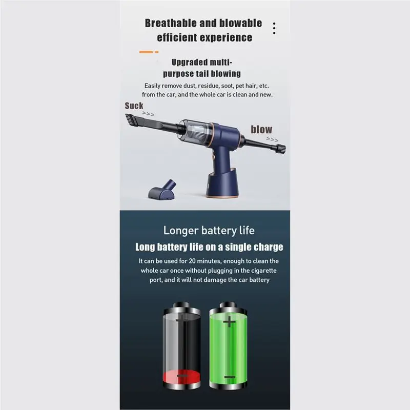 مكنسة كهربائية ABKS-Car محمولة للشحن والهواء المضغوط محمولة عالية الطاقة للمنزل والمكتب باللون الأبيض