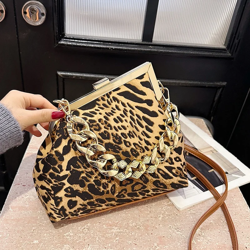 

Fashionable Leopard Print Women's Shoulder Bag 2024 New Style Ins Thick Chain Handbag Crossbody Bag Trendy PU Leather