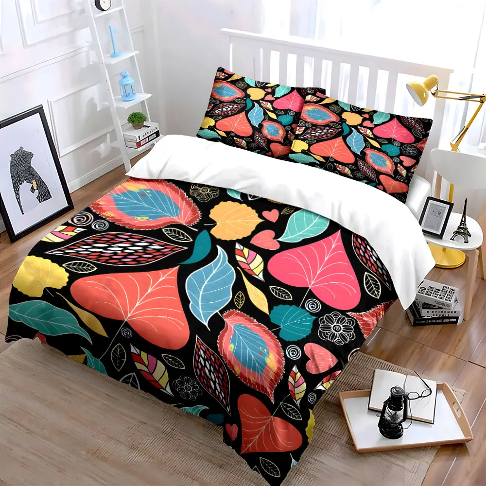 Colorful Leaves and Floral Pattern Background Duvet Cover Set 1 Duvet Cover+2 Pillowcase Multi Size Bedroom Bedding Decor