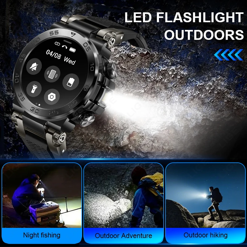 LIGE Rugged Military Smart Watch Men LED Flashlight Outdoor Sport Watches Heart Rate Health Waterproof Bluetooth Call Smartwatch