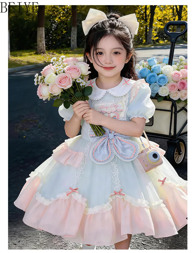 

Summer Girls Casual Dresses for Children's Day Performances Bowknot Lolita Style Princess Cute Kids' Short-sleeve Dress
