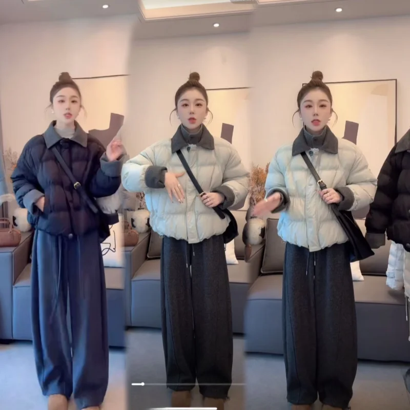 

Корейский стиль: утепленная хлопковая куртка и брюки с цветовыми блоками, модный женский зимний комплект для стройного силуэта