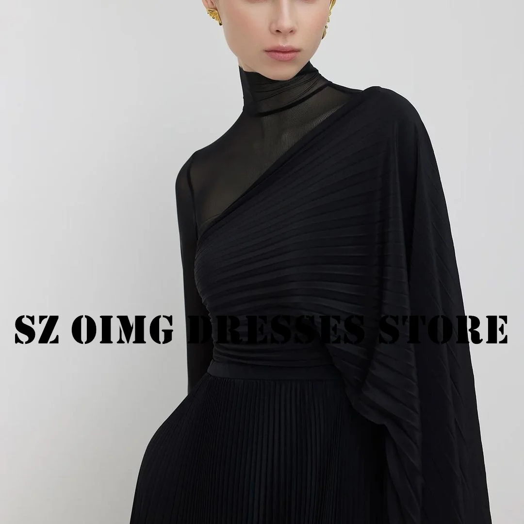 OIMG New Design High Neck Prom Dresses Arabic Women Short Sleeves Chiffon Black Pleated Evening Gowns Formal Party Dress