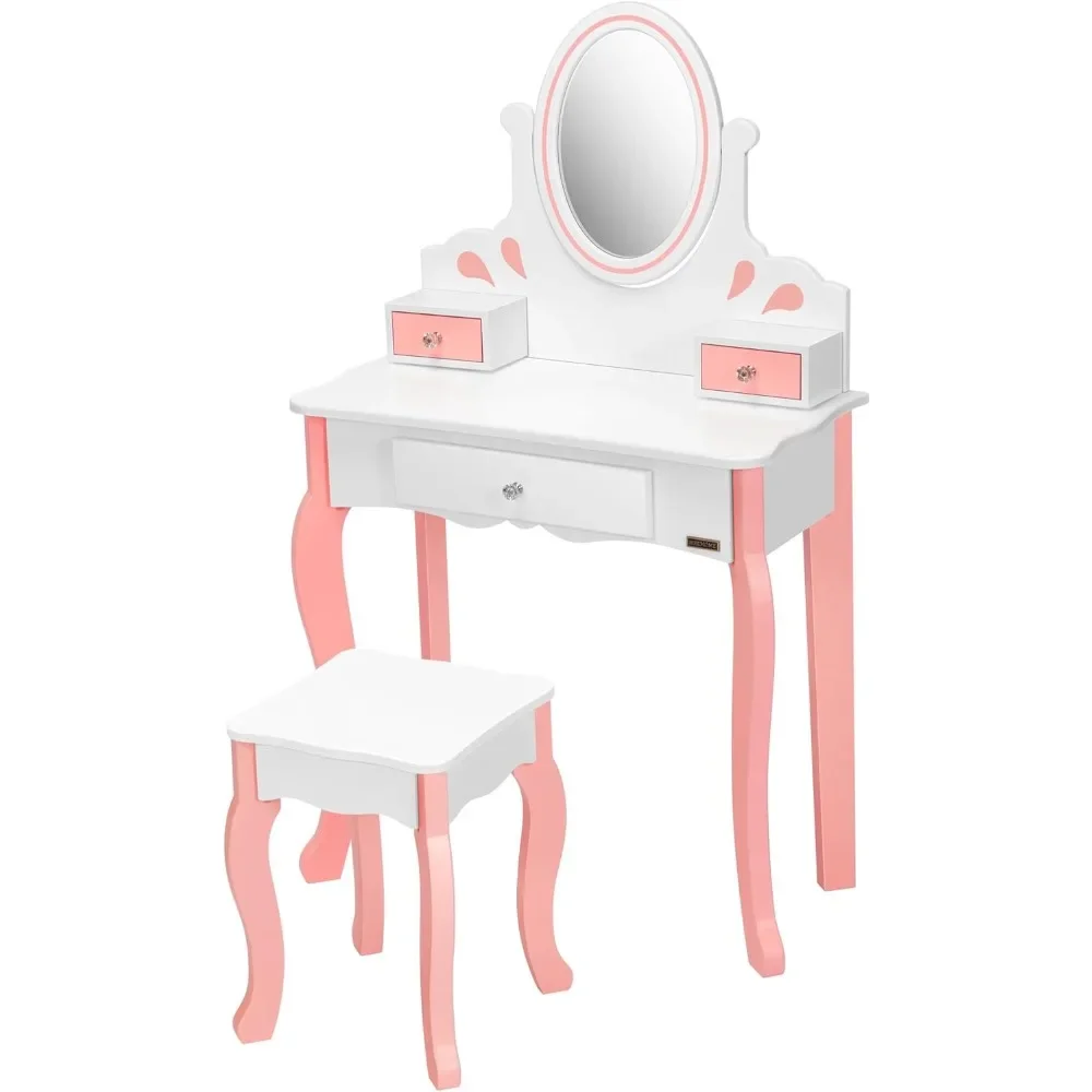 Kids Vanity Set, Princess MDF Makeup Dressing Table with 360° Rotating Mirror and Drawers for Girls, White