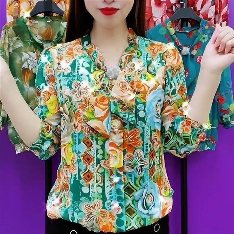 Middle-aged Women Korean Fashion Retro Floral Print Shirts Spring Summer Bow Elegant Blouses Ladies Casual Loose 3/4 Sleeve Tops