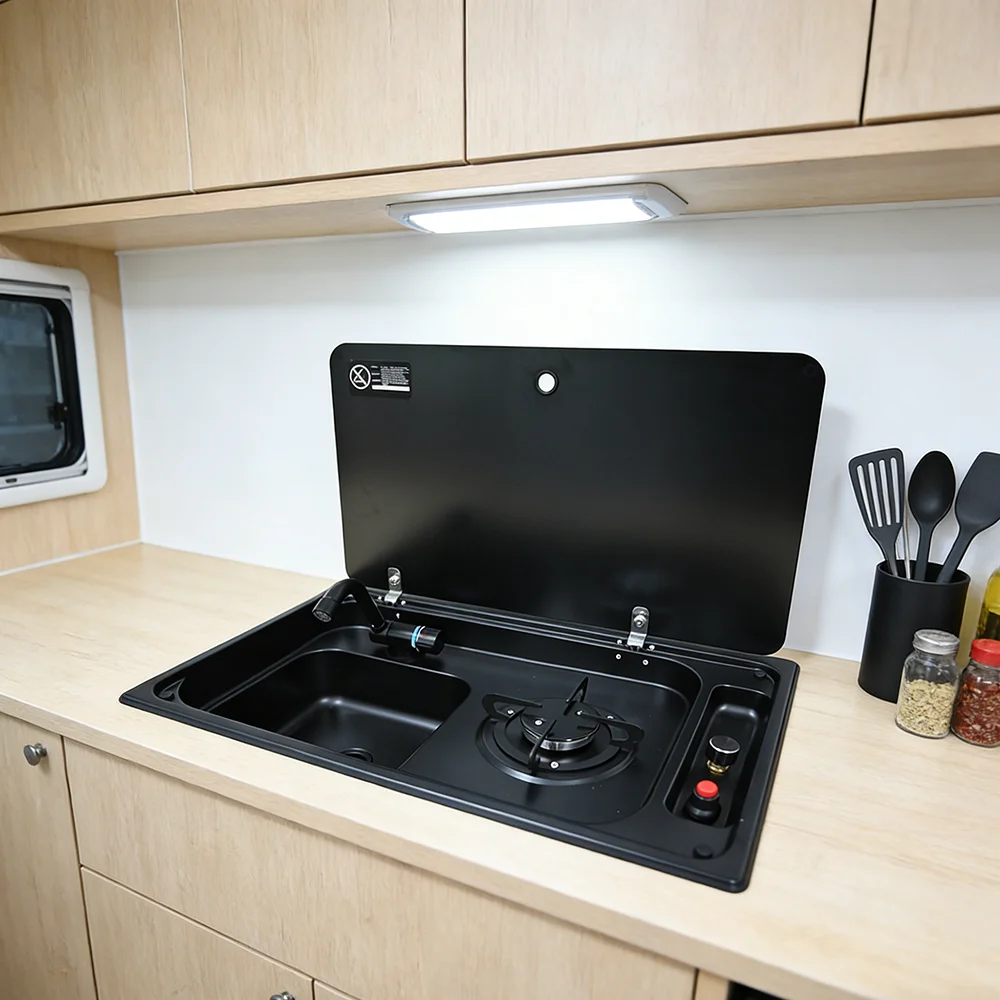JDA Black Nanotechnology Coated SS304 RV Sink And Burner Cooktop Combo For Caravans Campers Yachts & Motorhomes CE Certification