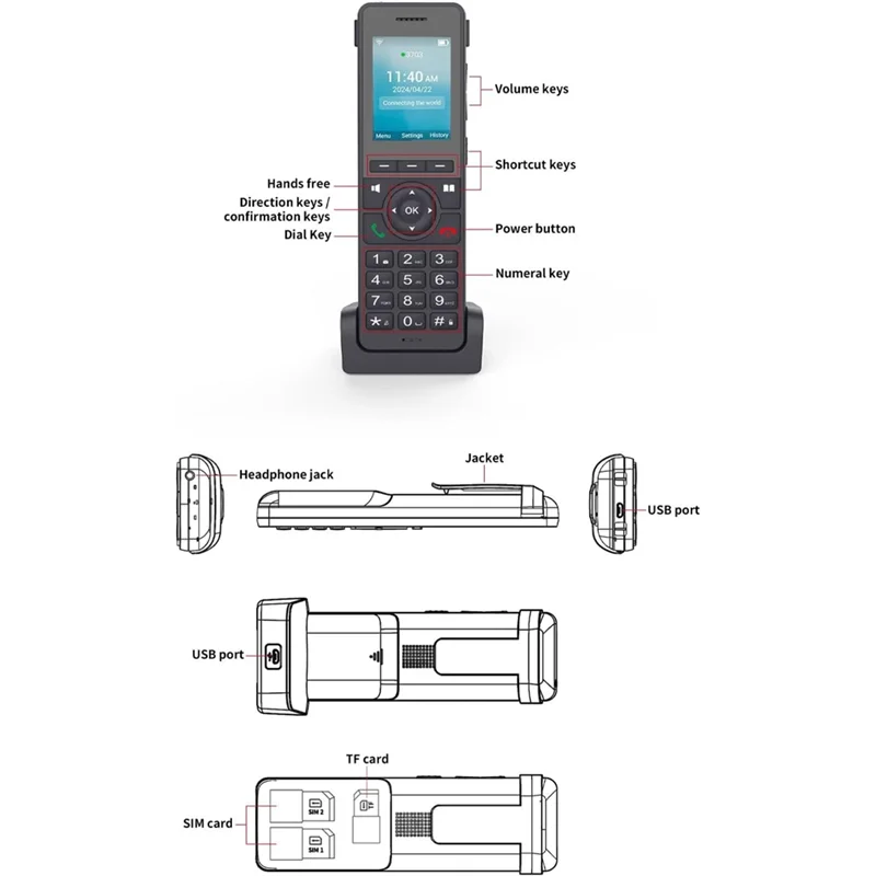 Telefone sem fio de rede com tela colorida 2.4, telefone de mesa Voip Dual SIM com Wifi BT para comunicação de escritório doméstico