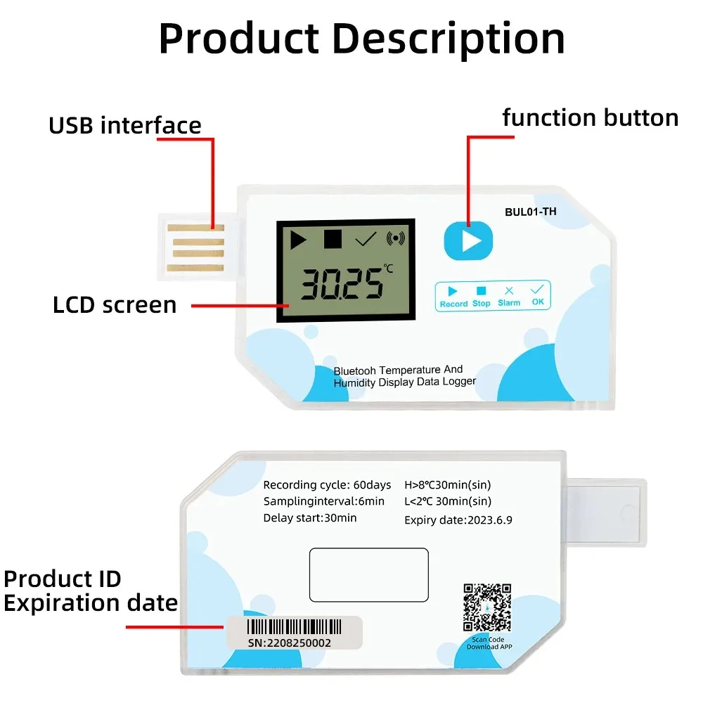 Registratore di temperatura e umidità Bluetooth BUL01-TH registratore di dati di 60 giorni registratore monouso IP67 a 14400 punti per alimenti