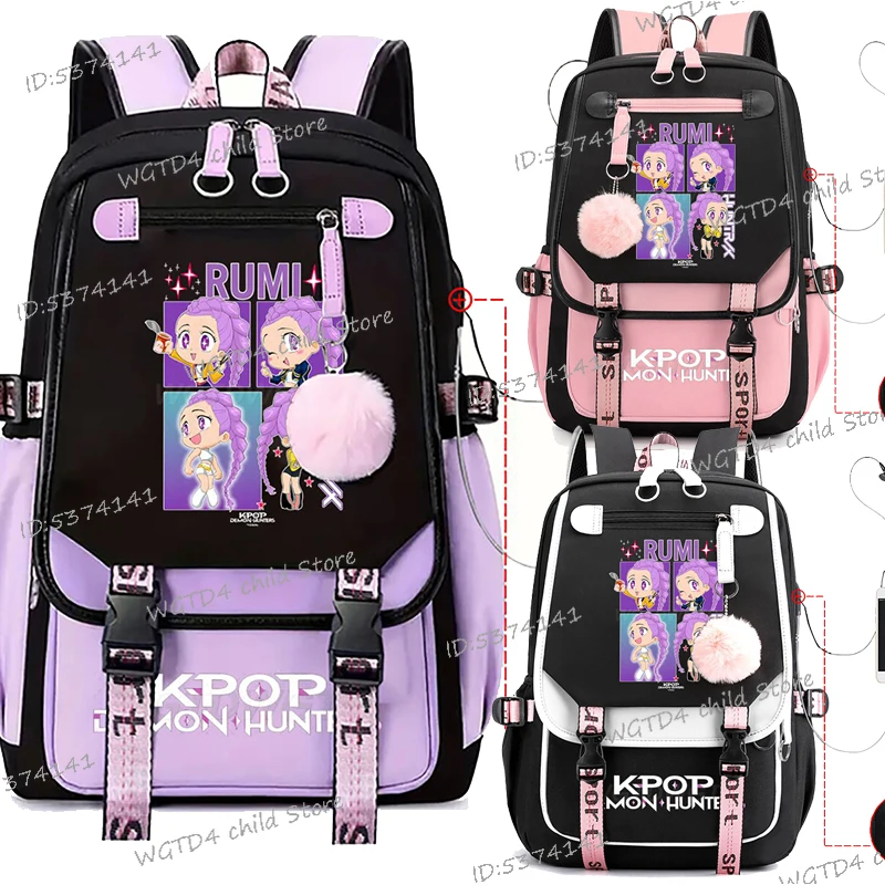 

Дорожный рюкзак большой емкости, молодежные школьные рюкзаки KPop Demon Hunters Rumi, школьная сумка с принтом для девочек и мальчиков, сумка с USB-портом для ноутбука