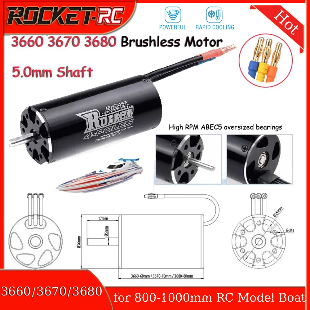 ROCKET-RC 3660 3670 3680 Waterproof Brushless Sensorless Motor 5.0mm Shaft for Traxxas M41 Catamaran Spartan 800-1000mm RC Boat