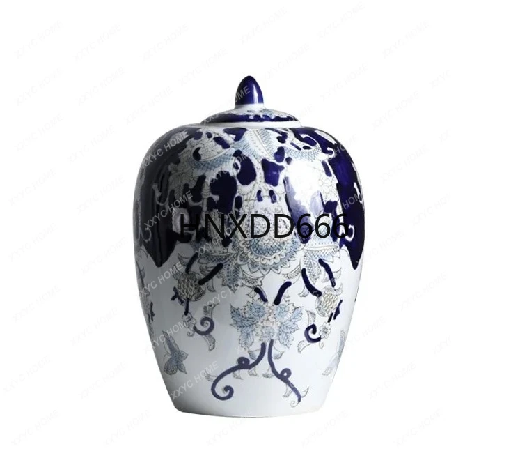 

Hand-painted blue and white porcelain vase, storage tank with lid, new Chinese-style living room entrance ornament