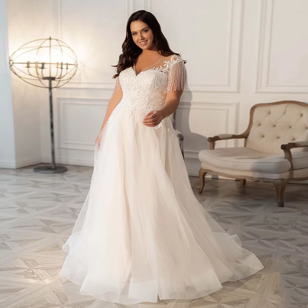 Customized Women's Bling Wedding Dress Sexy V Neck Beading Applique Sweep Train Tulle A Line Plus Size Bride Bridal Gown