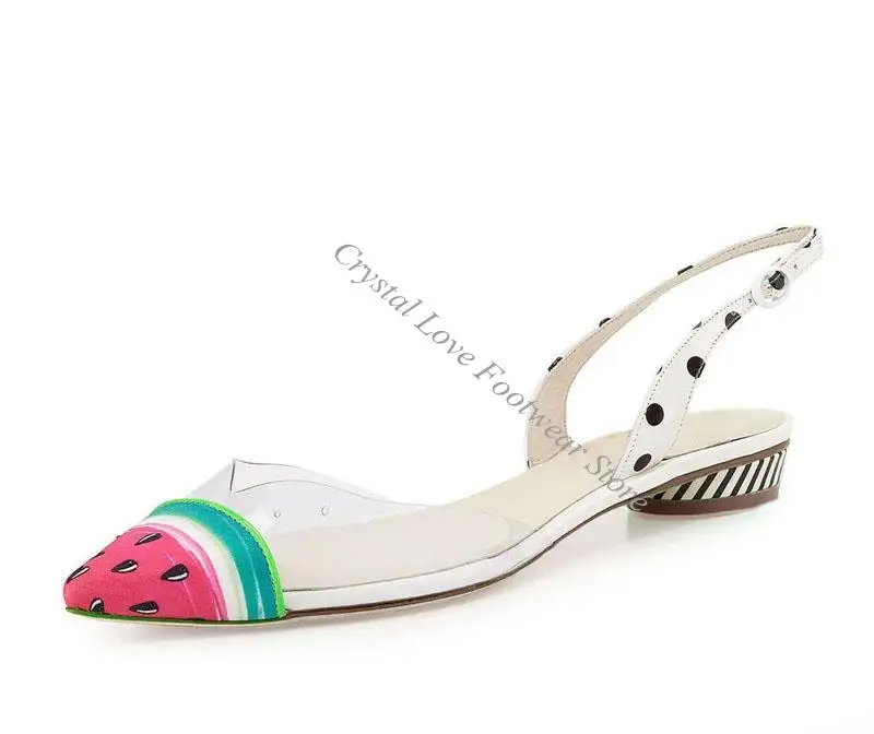 Clear Pvc Patchwork Watermelon Fabric Pointed Toe Back Strap Flats Sandals Female Ankle Strap Wedding Shoes for Women
