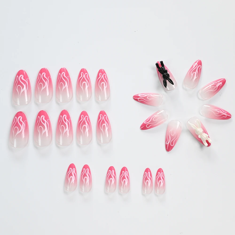24개 그라데이션 핑크 아몬드 모양 3D 토끼 모양 라인스톤 장식 화이트 불꽃 프레스온 네일 심플 탈부착 가능 가짜 네일 팁