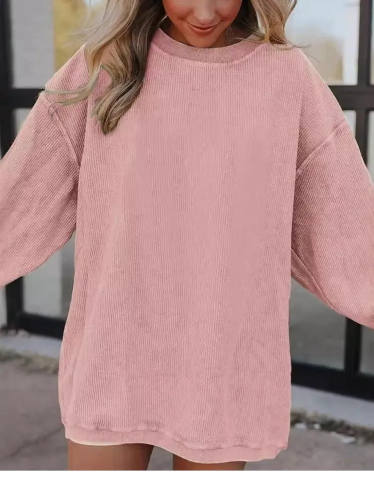 เสื้อสเวตเชิ้ตสีทึบเรียบง่ายของผู้หญิงฤดูใบไม้ร่วงและฤดูหนาวสบาย ๆ ลำลองหลวมคอกลมแฟชั่นเสื้อแขนยาว