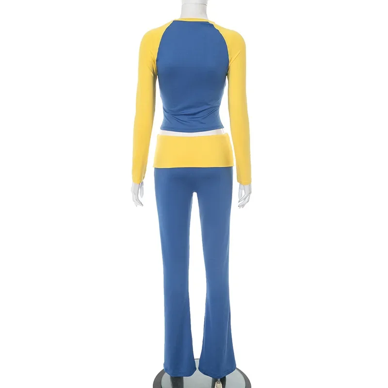 Patchwork di colore Casual Slim 2 pezzi Set Tute da donna O-Collo Manica lunga Crop Top + Pantaloni a zampa d'elefante Moda Abiti streetwear