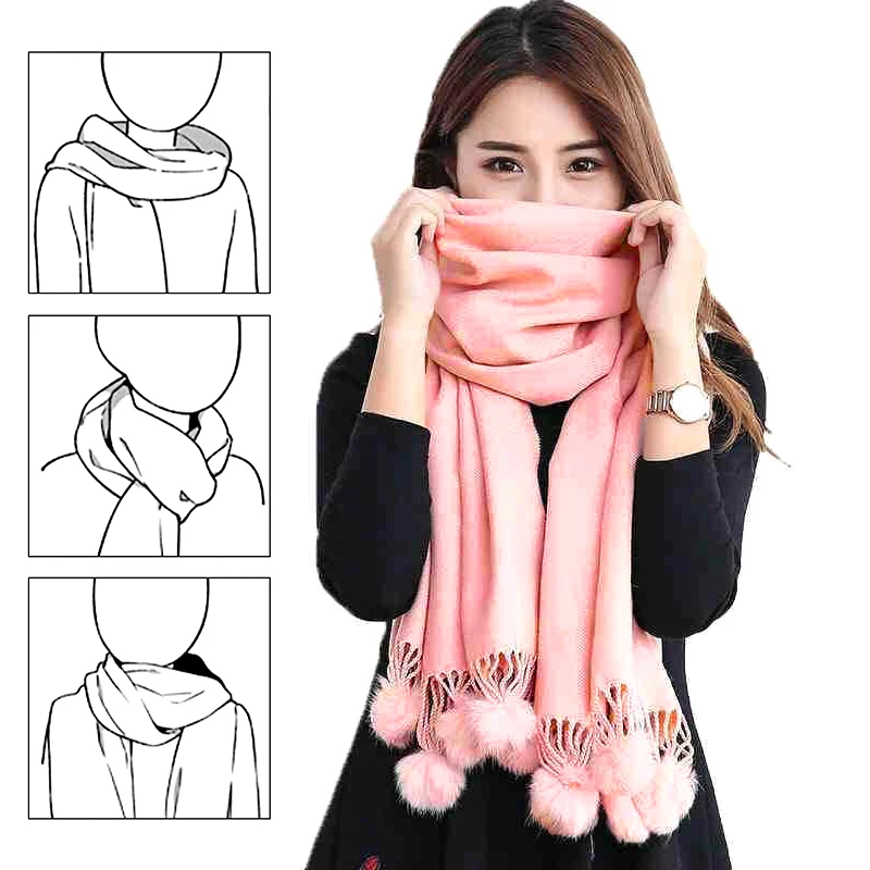 Women Warm Scarf with Rabbit Fur Ball Pashmina Thick Scarves Shawls Winter Cashmere Pompom Scarf Ladies  Oversize Blanket Wrap